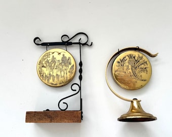 Vintage Brass Mini Gongs Set – Scottish Thistle & Hunting Scene – Rustic Decor