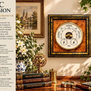 May include: A square wall barometer by FCC Precision with a round white dial featuring black text and needles. The instrument is set in a wooden case with a rich brown burr veneer and a black and gold decorative frame. The dial displays the text FCC.