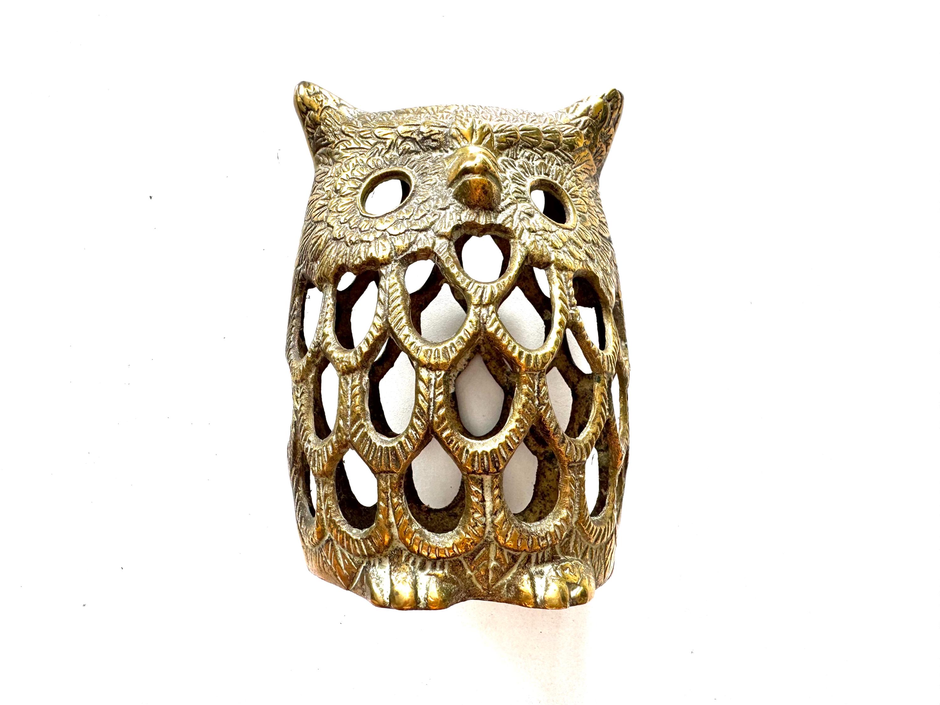 Vintage Brass Owl Lantern Candleholder Tealight
