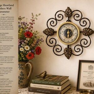 May include: A vintage wall barometer by Shortland Brothers, featuring a circular face with a brass-colored frame and ornate, dark metal scrollwork. The barometer is mounted on a wall, with a framed print and a vase of flowers nearby.