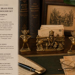 Vintage Brass Pixie Letter Holder Set – “Letterpack” Desk Organiser & Whimsical Figurines