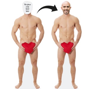 May include: A cutout of a person holding a red heart-shaped cushion. The person's head is blank with the text "We place your head here". The image shows a second cutout of the same person with a man's face in place of the blank head.