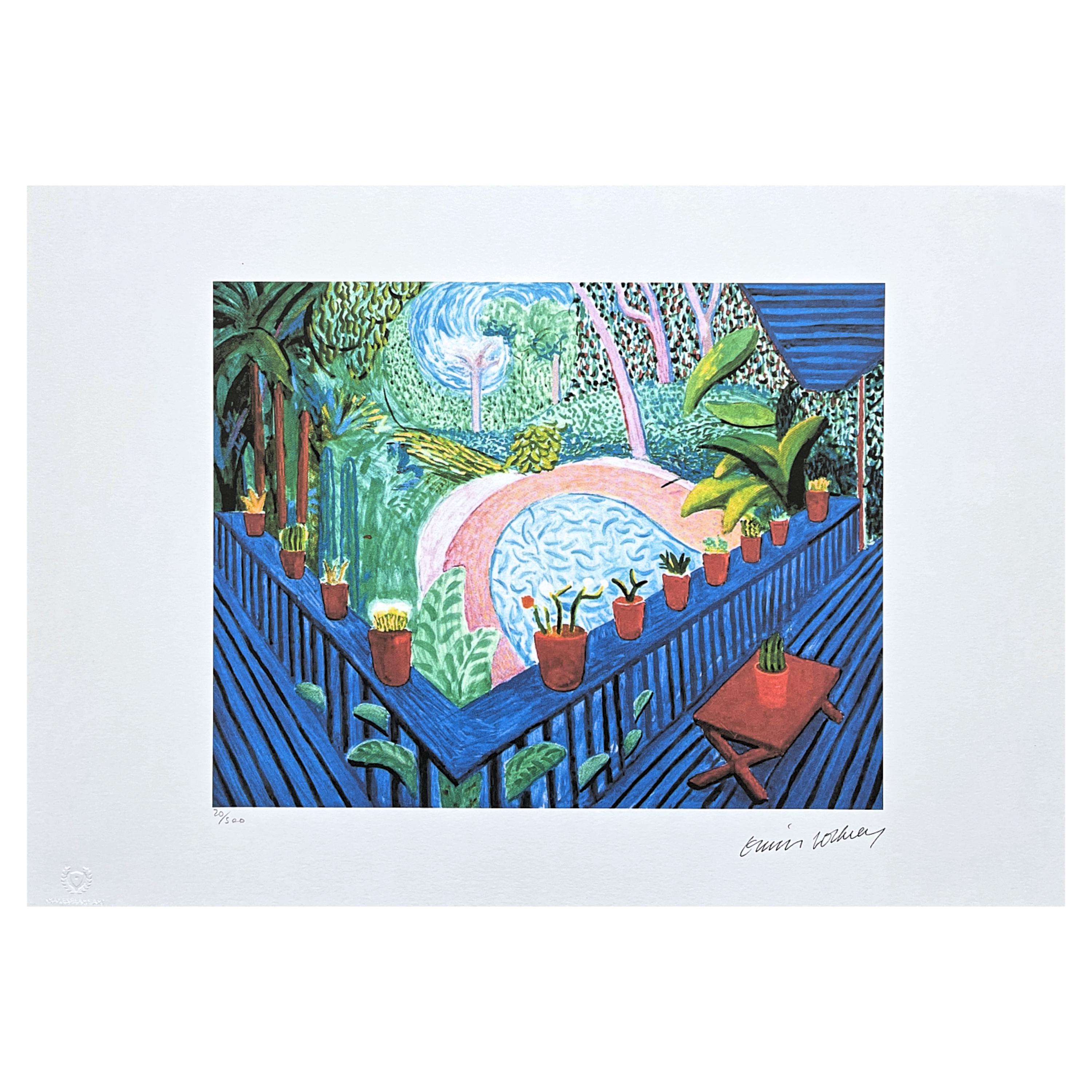 値下げ　絵画　額付き　デイビッド　ロード　グローバー　ビッグサイズ デイヴィッド・ホックニー - 庭の赤い鉢 - サイン入り、エディション