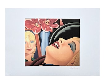May include: A vintage art print featuring a woman with her eyes closed and mouth open, lying down with a red flower behind her. The woman has blonde hair and is wearing a blue shirt. The print is signed by the artist, Tom Wesselmann.
