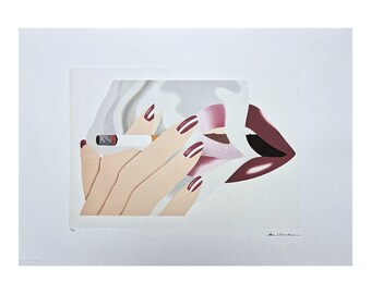 May include: A close-up of a woman's hand holding a cigarette, with a red lip and part of her face visible. The hand is painted in a stylized manner with red and white nail polish.