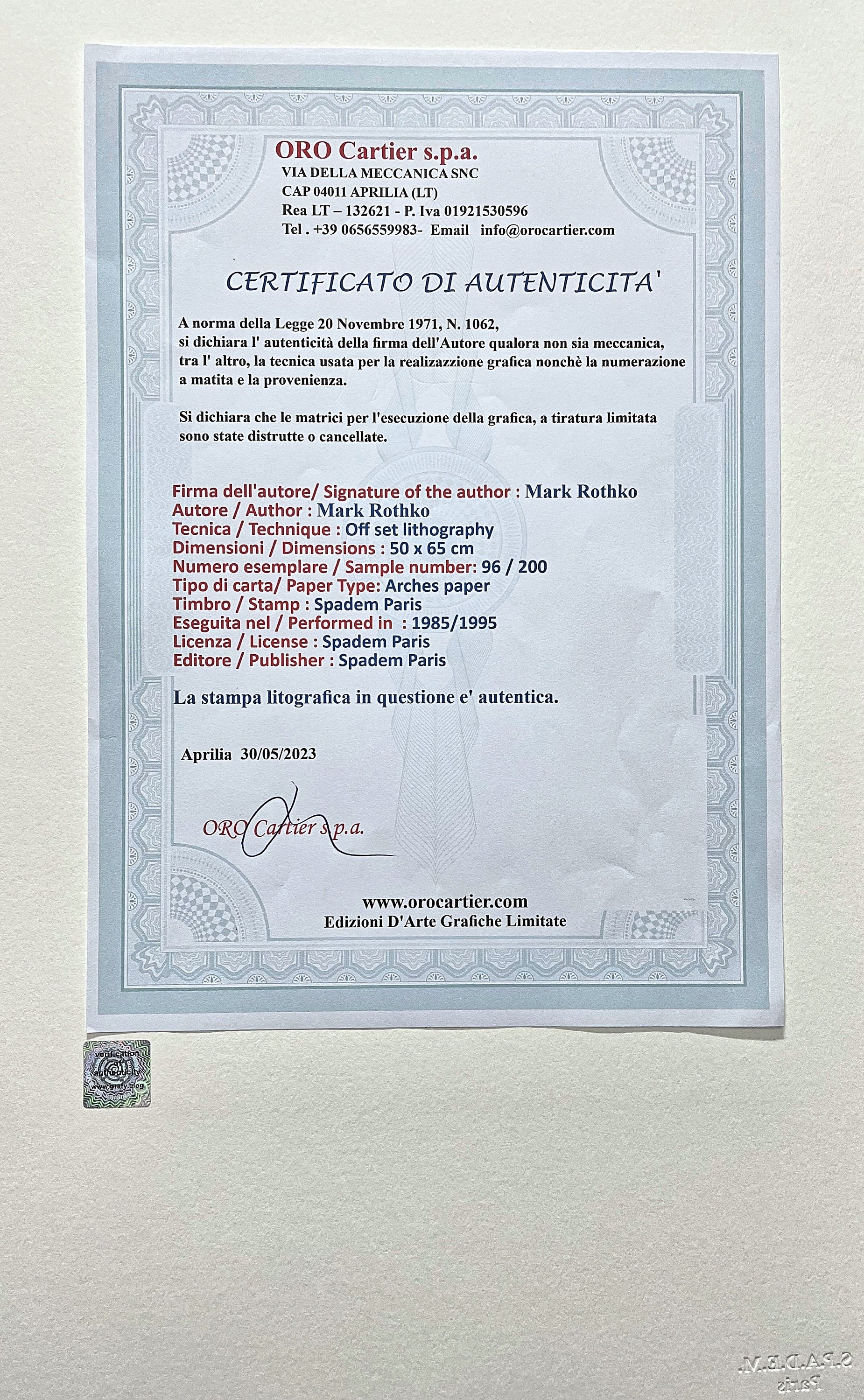 Lithographie Mark Rothko - Signée, Numérotée, Avec COA Et Timbre (association Sam Francis) - Art Moderne