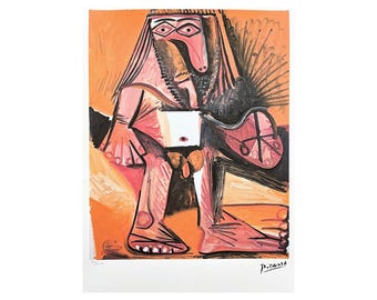 May include: A colorful abstract painting of a person with a long beard and a large nose. The painting is done in shades of pink, orange, and black. The person is sitting down and has their legs crossed. The painting is signed "Picasso" in the bottom right corner.