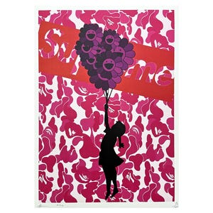 DEATH NYC - Menina com balão em rosa - assinado, certificado (coa), edição limitada, namoro, 32 x 45 cm,#deathnyc #arte #giclée