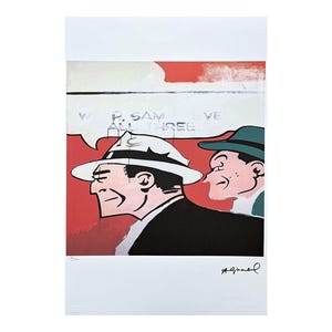May include: A black and white illustration of two men in hats, one wearing a white hat and the other a green hat. The men are looking at each other and the background is red. The text "WE ALL THREE YE" is visible in the image.