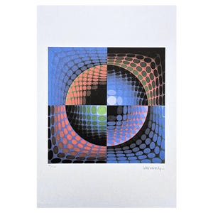 May include: Abstract geometric art print featuring a symmetrical design with a square divided into four sections. Each section contains a semi-circular pattern of dots in shades of blue, black, pink, green, and orange. Signed "Vasarely".