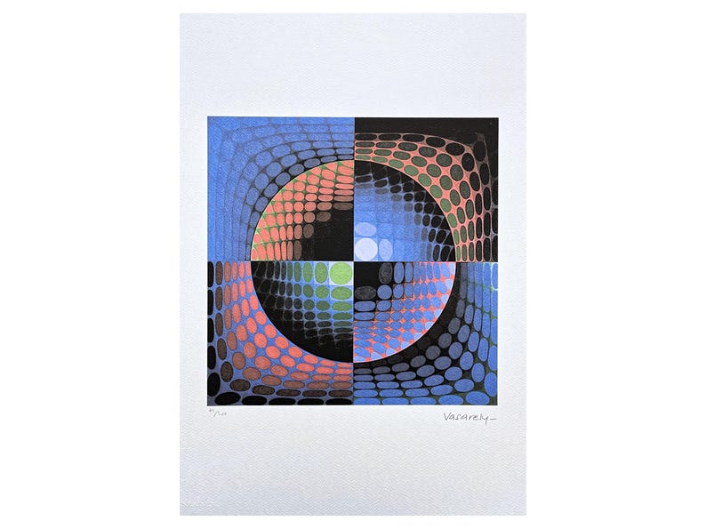 May include: Abstract geometric art print featuring a symmetrical design with a square divided into four sections. Each section contains a semi-circular pattern of dots in shades of blue, black, pink, green, and orange. Signed "Vasarely".