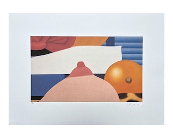May include: A fine art print featuring a stylized composition with a pink breast form, a round orange sphere, a red floral shape, and blue horizontal lines. The print includes a white border, a numbered edition mark, and a signature in the bottom corner.