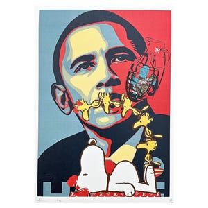 DEATH NYC - Snoopy e Obama - assinado, certificado (coa), edição limitada, datado, 32 x 45 cm, #deathnyc #arte #giclée #impressão #banksy
