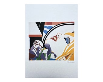 May include: A colorful abstract print of a woman's face with a flower in the foreground. The woman's face is white with blue eyes, red lips, and blonde hair. The flower is purple and white with green leaves. The background is a mix of black, white, blue, and orange.