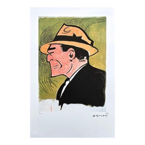 May include: A framed print featuring a cartoon illustration of a man in profile wearing a fedora hat and a suit. The man's face is red, and the background is green and yellow. The print is signed in the bottom right corner.