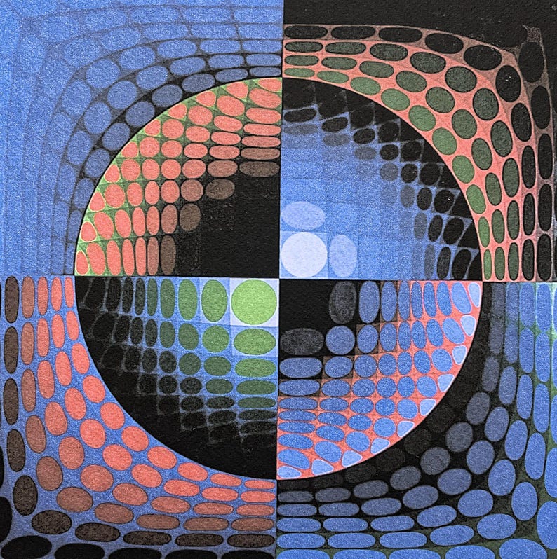 May include: Abstract geometric artwork with a circular design. The artwork is divided into four quadrants, each featuring a different pattern of dots and shapes in shades of blue, orange, green, and black. The overall effect is a visually dynamic composition.