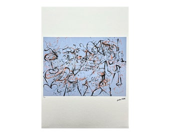 May include: Abstract art print featuring a light blue background with black and orange line art. The artwork has a chaotic, yet balanced composition. Signed by the artist, with a numbered edition.