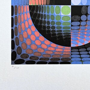 May include: Abstract geometric art print featuring a semi-circle and squares filled with colorful, textured patterns. The color palette includes blue, black, red, green, and brown. The print is numbered 45/50.
