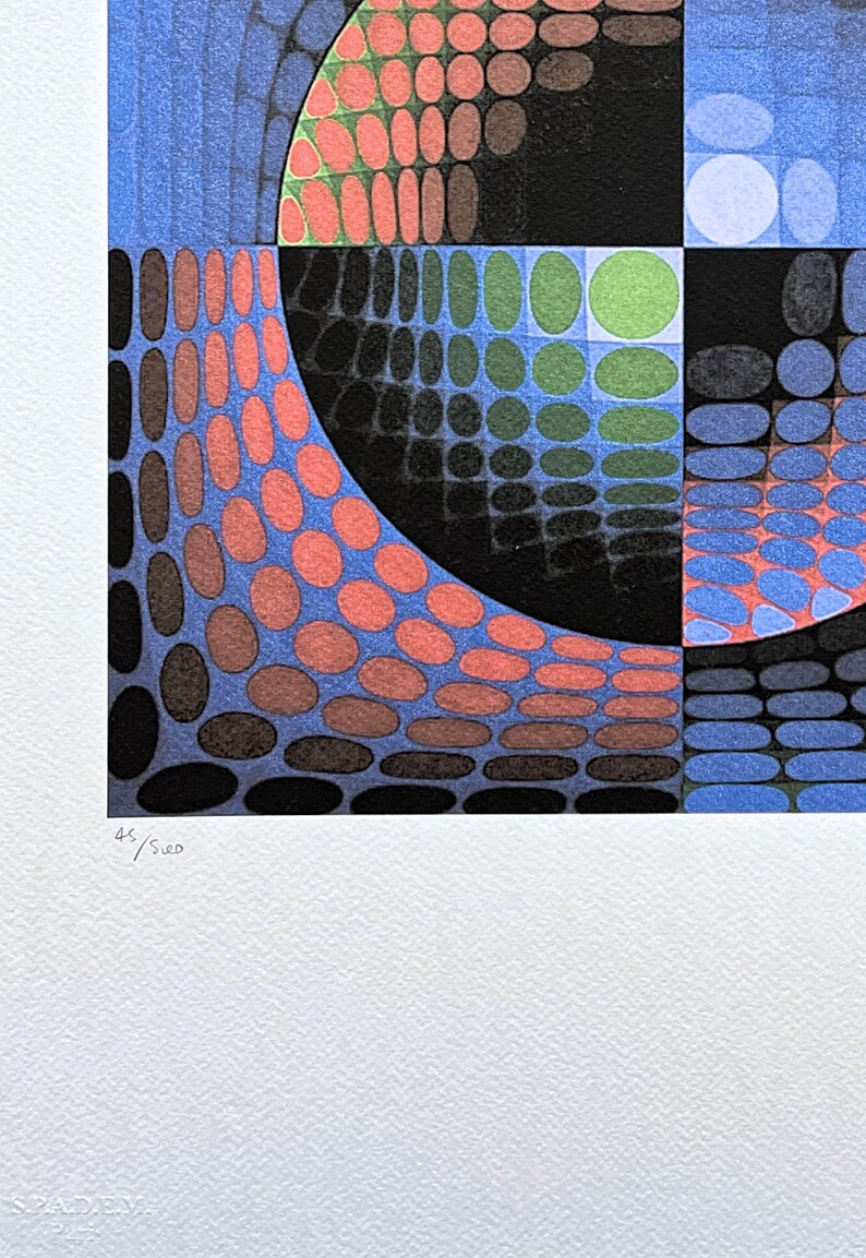 May include: Abstract geometric art print featuring a semi-circle and squares filled with colorful, textured patterns. The color palette includes blue, black, red, green, and brown. The print is numbered 45/50.