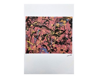 May include: Abstract painting with black, yellow, blue, and pink paint splatters and brushstrokes on a pink background.