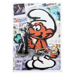 DEATH NYC - Orange Smurf - assinado, certificado (coa), edição limitada, datado, 32 x 45 cm,#deathnyc #arte #giclée #impressão #assinado