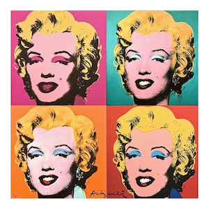 May include: A square art print featuring four stylised portraits of Marilyn Monroe in a grid layout. Each quadrant displays a different colour scheme, including pink, teal, orange, and red backgrounds, with the signature Andy Warhol in black ink.