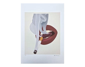 May include: An artistic print featuring a pair of red lips with a lit cigarette. The cigarette is positioned between the lips, with smoke rising upwards. The artwork is set against a neutral background.