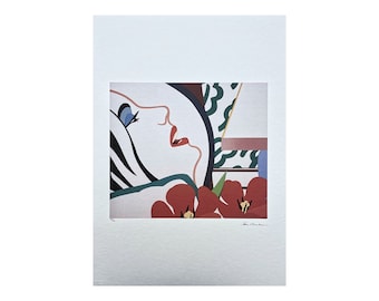 May include: A colorful abstract print of a woman's face with red flowers and a green and white patterned background. The artist's signature is in the bottom right corner.