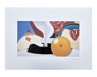 May include: A still life art print featuring a black ashtray with a lit cigarette, a yellow orange, a red rose, and a white plume of smoke. The background has blue, brown, and white shapes.