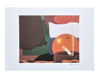 May include: Abstract art print featuring an orange sphere, a lit cigarette in a brown ashtray, and a backdrop of geometric shapes in brown, green, and white. The artwork includes a signature and is set against a white background.