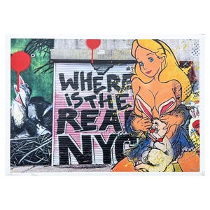 DEATH NYC - Alice no País das Maravilhas com coelho - assinado, certificado (coa), numerado - edição limitada, datado, 45 x 32 cm, #deathnyc #giclée