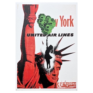 DEATH NYC - Estátua da liberdade e menina com balão verde - assinada, certificado (coa), edição limitada, datada, 32 x 45 cm, #deathnyc #giclée