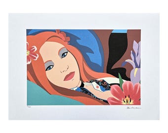 May include: A colorful pop art print featuring a woman with red hair and blue eyes, adorned with flowers. The artwork includes a floral arrangement with red and purple flowers. The print is on white paper.