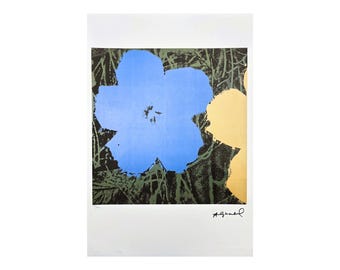 May include: A blue and yellow flower print on a black background. The print is signed by Andy Warhol.