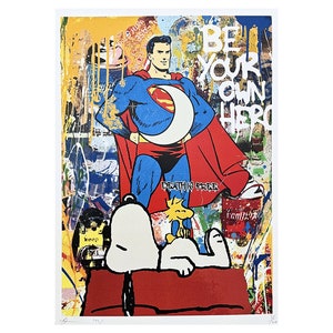DEATH NYC - Snoppy + Superman - assinado, certificado, numerado - edição limitada, datado, 32 x 45 cm, #deathnyc #arte #giclée #assinado