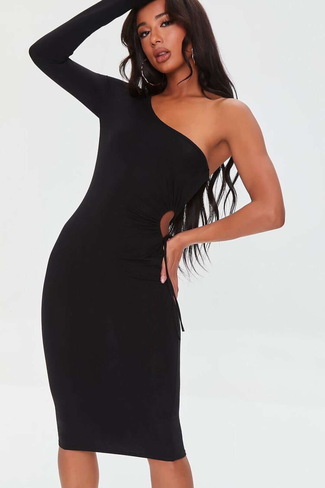 knee length dresses for ladies Black One Shoulder Cut Out Side Tie Mini Dress main image 1