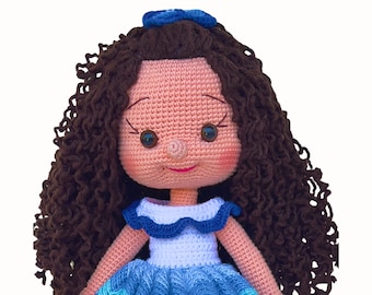 Personalizar muñeca de pelo rizado extra largo hecha a mano / Amigo natural de felpa antes de dormir / Muñeca de vestido azul / Regalo de abrazo de tiempo de juego para niños / Regalo preescolar