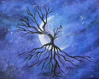 Mermaid Art Print - Galaxy Tree, 11x14 Print from my Original Painting.  Fantasy, galaxy, night sky, moon, mermaid, tree, acrylic art.