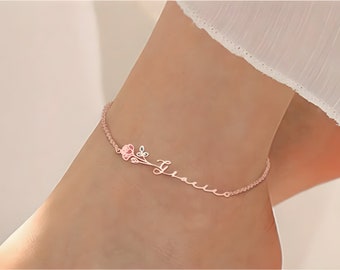 Dainty custom birthflower,name Anklet,bracelet-gift for her - mother's day gift - personalized gift with birthflower - custom name jewellery