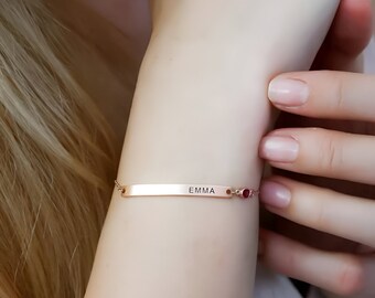 Custom Names Bar Bracelet with Birthstone-Personalised Name and Birth Stone Bracelets-Custom Dates Engraved Bracelet-Custom Message Bracelet