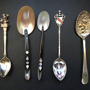 Lot of 7 antique and rare collectible teaspoons in silver with heraldic coat of arms - embossed silver - silver-plated metal, ebony and mother-of-pearl.