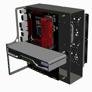 Könnte beinhalten: Ein schwarzes Computergehäuse mit einem silbernen Motherboard und einer rot-schwarzen Grafikkarte. Das Gehäuse hat eine Mesh-Frontplatte und eine seitliche Platte, die geöffnet ist, um die Komponenten im Inneren zu zeigen. Die Grafikkarte trägt den Text "GEFORCE GTX".
