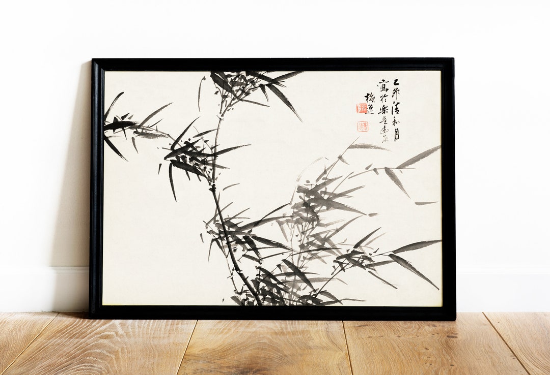 Vintage Japanese Bamboo Ink Painting. Japanese Wall Art Printable