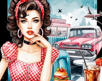 May include: A woman with red and white polka dot headband and red lipstick sits at a diner counter. She is wearing a red and white gingham dress.  Behind her is a pink car and a sign that says "Diner".  In front of her is a plate with a hamburger and a glass of iced tea.