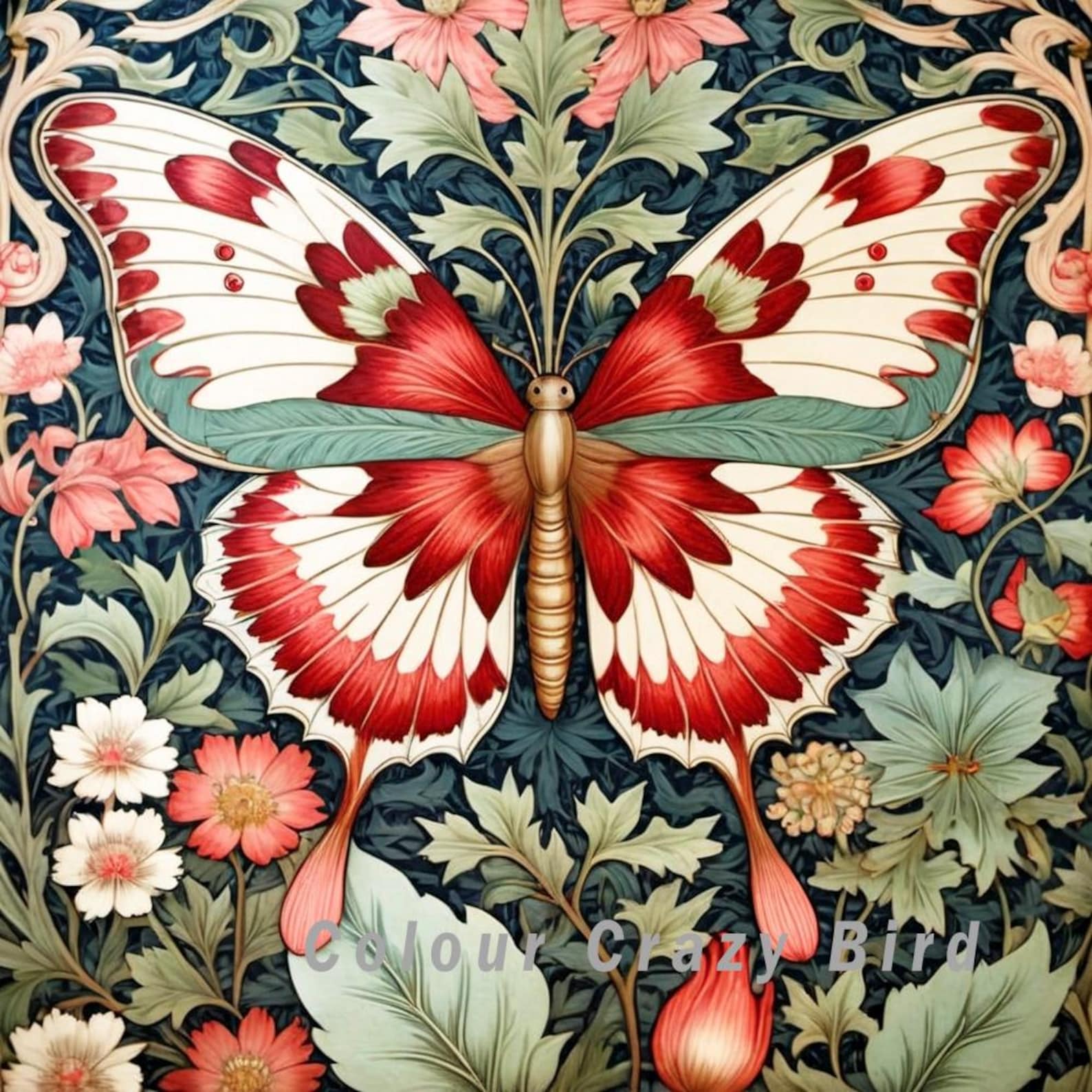 8 William Morris Style Butterflies/nature and Florals/10 X 10 Inch JPEG ...
