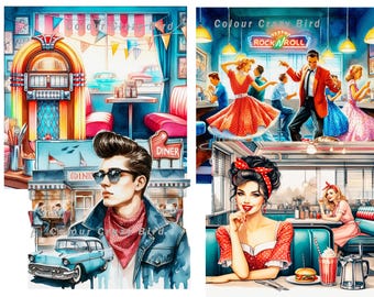 May include: A vintage diner scene with a red and white jukebox, a blue car, and a man in a blue denim jacket and red bandana. The diner has a sign that says "Diner" and a red and white striped awning. The scene is set in the 1950s.