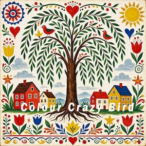 May include: A square decorative print featuring a central willow tree with two red birds, surrounded by four houses, flowers, hearts, a sun, and clouds. The text Colour Crazy Bird is printed in white across the bottom center of the illustration.