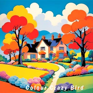Może przedstawiać: Żywy, kolorowy obraz domu z niebieskim dachem, otoczonego drzewami z czerwonymi, pomarańczowymi i żółtymi liśćmi. Kręta ścieżka prowadzi do domu, z kolorowymi krzewami i jasnożółtym trawnikiem. Tekst "Colour Crazy Bird" znajduje się na dole.