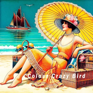 May include: A vintage illustration of a woman on a beach, holding a yellow parasol. She wears a yellow dress and a hat adorned with flowers. A sailboat is in the background. The text "Colour Crazy Bird" is at the bottom.
