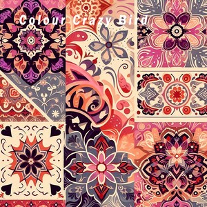 Puede incluir: Un diseño de patchwork colorido con patrones florales y geométricos en tonos rosa, morado, rojo y crema. El diseño incluye el texto "Colour Crazy Bird" en letras blancas.